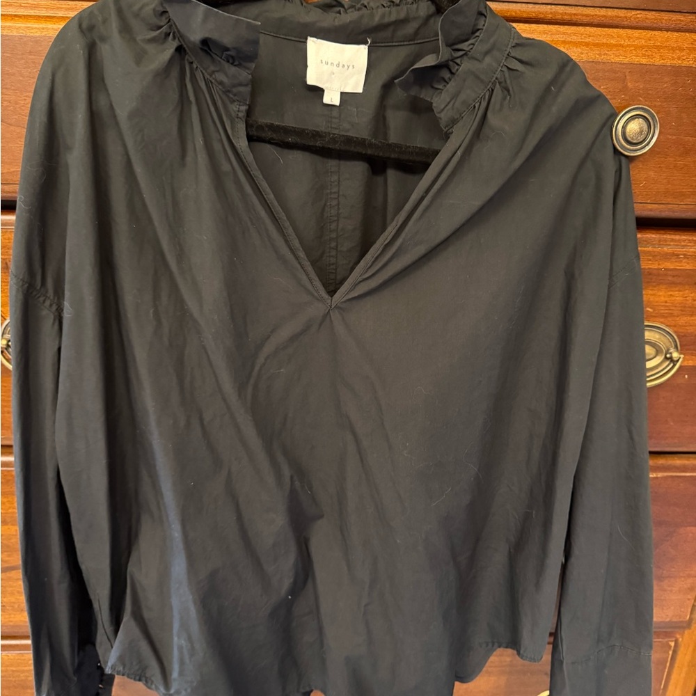 Sundays Black Cotton Blouse – Ruffle Collar – Size [Large]